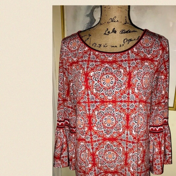 MAX STUDIO RED SILKY KNIT DRESS,BOHO PRINT~MEDIUM - Picture 2 of 5